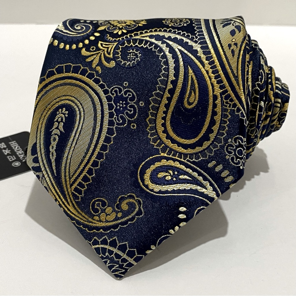 NWT Hisdern Navy Blue Tie W/Gold Paisley Print Handmade XL 62" Elegant Business - Picture 2 of 7